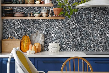 Heroad Brand 17.3''x196'' Blue Peel and Stick Wallpaper Boho Dark Blue Floral Contact Paper Removable Self Adhesive Contact Paper for Cabinets Waterproof Decoration Wallpaper for Walls
