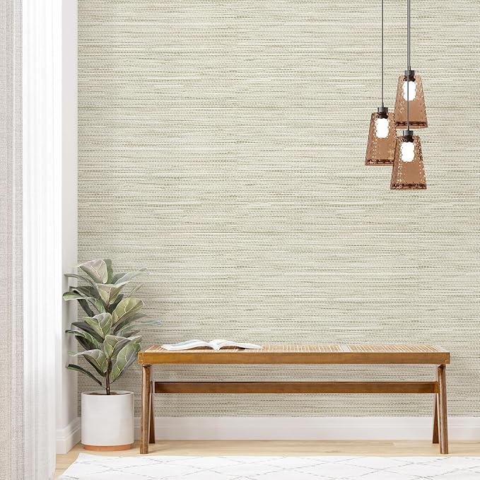 Simon&Siff Cream Textured Grasscloth Peel and Stick Wallpaper 17.7"x197" Neutral Faux Grassweave Wallpaper Waterproof Self Adhesive Removable Wallpaper Mural for Home Decor Bedroom Kitchen Cabinet