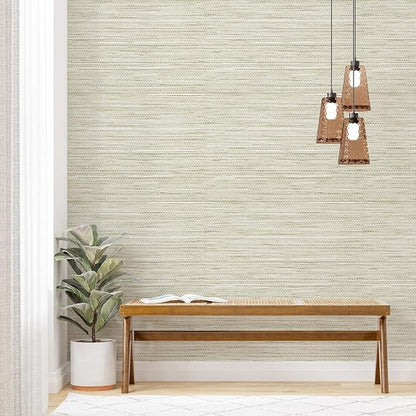 Simon&Siff Cream Textured Grasscloth Peel and Stick Wallpaper 17.7"x197" Neutral Faux Grassweave Wallpaper Waterproof Self Adhesive Removable Wallpaper Mural for Home Decor Bedroom Kitchen Cabinet