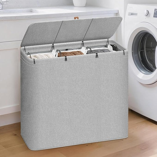 STORAGE MANIAC Triple Laundry Hamper with Lid, 180L Tall Metal Frame Laundry Baskets with Removeable Bag, Large Clothes Hamper with PU Tag, Laundry Bin for Dorm, Collage, Bathroom, Bedroom, Gray