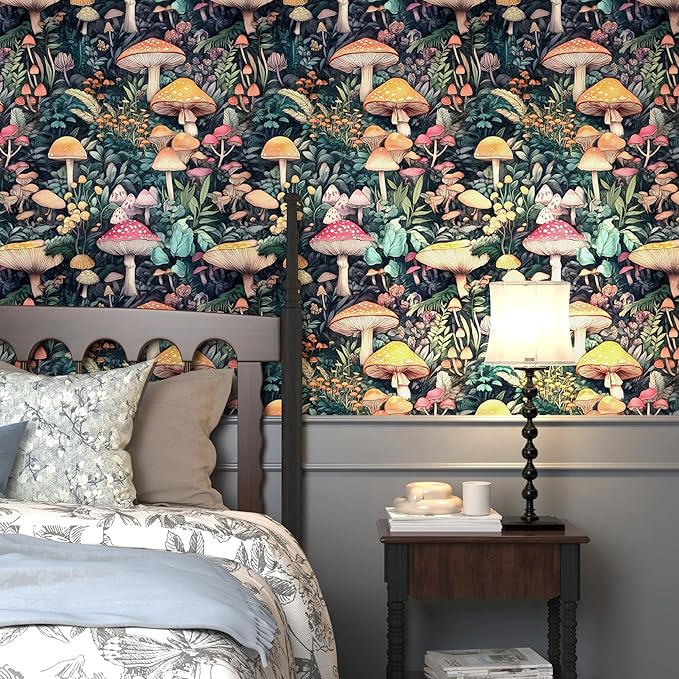 Mushroom Peel and Stick Wallpaper, Colorful Floral Contact Paper, Vintage Floral Woodland Wallpaper Stick on Bathroom Cabinet Drawer, Removable Vinyl Wallpapers Green Orange Red 17.5"x 118"