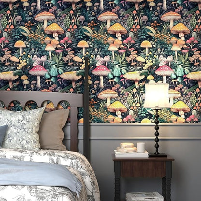 Extra Long Colorful Peel and Stick Wallpaper – Vintage Wonderland Mushroom Floral Self-Adhesive Contact Paper for Room Cabinet Drawer, Removable Vinyl Wallpaper Green Orange Red 17.5" x 393"