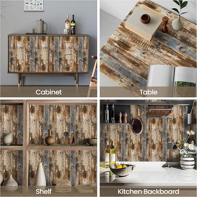 LXCREAT Faux Wood Butcher Block Contact Paper, Shiplap Peel and Stick Wallpaper Wooden Planks for Walls 17.5"X118", Natural Brown Self Adhesive Removable Rustic Wallpaper for Shelf Kitchen Decoration