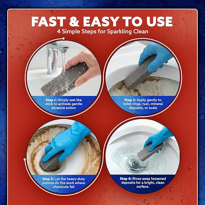 PUMIE Pumice Scouring Stick for Cleaning Toilet Bowl Rings & Hard Water Stains, Bathroom, Pools & Tubs, Pumice Stone for Toilet Cleaning, Rust, Grills, Food Build Ups, Pack of 4, includes Scouring Pad