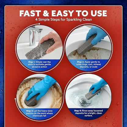 PUMIE Pumice Scouring Stick for Cleaning Toilet Bowl Rings & Hard Water Stains, Bathroom, Pools & Tubs, Pumice Stone for Toilet Cleaning, Rust, Grills, Food Build Ups, Pack of 4, includes Scouring Pad