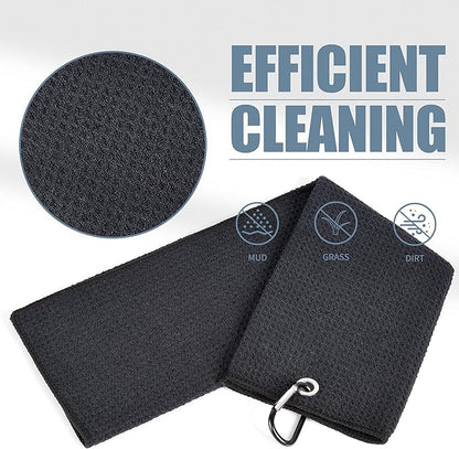 Mile High Life Tri-fold Golf Towel | 16" X 24" | Premium Microfiber Fabric | Waffle Pattern | with Heavy Duty Carabiner Clip | for Men and Women (Black & Navy)