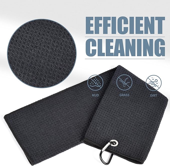 Mile High Life Tri-fold Golf Towel | 16" X 24" | Premium Microfiber Fabric | Waffle Pattern | with Heavy Duty Carabiner Clip | for Men and Women (2 Pack Black)