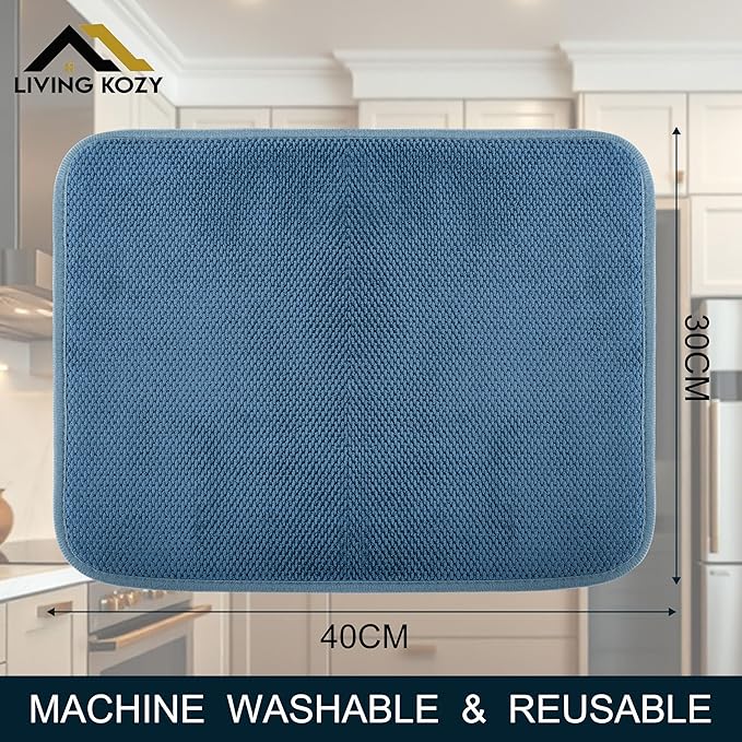 Dish Drying Mat, Microfiber Ultra-Absorbent Kitchen Counter Mat, Ideal Dish Drying Pad for Dishes, Utensils, Pots, and Pans, Blue, Small - 16"x12" (40x30cm).