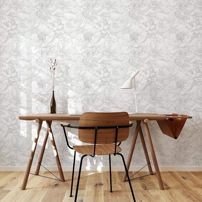 Ismoon Large Floral Peel and Stick Wallpaper Boho White/Grey Contact Paper 17.3inx6.5ft Removable Self Adhesive Bedroom Cabinet Mural Wall Decor Vinyl Roll