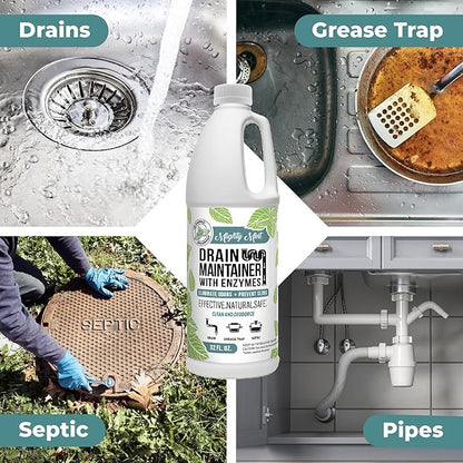 Mighty Mint Enzyme Drain Maintainer – Drain Cleaner & Deodorizer for Odor Control and Buildup Prevention – Safe for Pipes, Septic & Grease Traps - 32 oz.