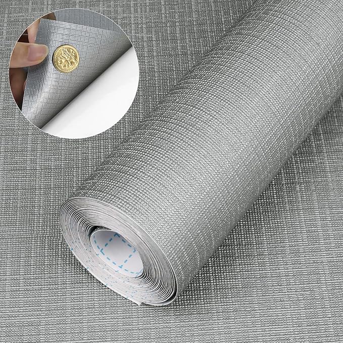 Self Adhesive Shelf Liner, Peel and Stick Drawer Liner Waterproof Contact Decor Liner with Grain Texture for Kitchen Walls Cabinets, Bedroom Classroom, Cover Book (Silver Gray, 17.5 x 118.1 inches)