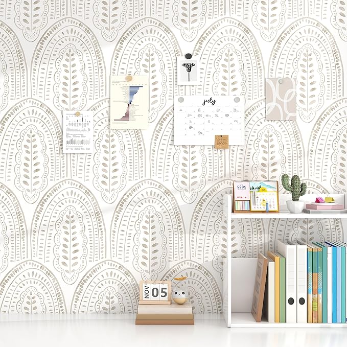 Modern Peel and Stick Wallpaper Boho Contact Paper 17.3''×118'' Self Adhesive Removable Wallpaper Peel and Stick Wall Paper Beige and White Wallpapers for Bedroom Bathroom Cabinets Decor Vinyl