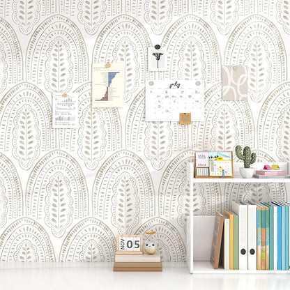 Modern Peel and Stick Wallpaper Boho Contact Paper 17.3''×118'' Self Adhesive Removable Wallpaper Peel and Stick Wall Paper Beige and White Wallpapers for Bedroom Bathroom Cabinets Decor Vinyl