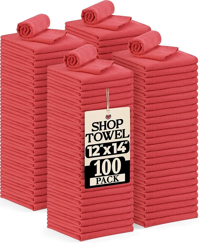 Utopia Towels Cotton Shop Towels 12x14 Inch, 100 Pack Soft, Absorbent Reusable Cotton Rags, Durable and Multipurpose Cleaning Shop Towel for Auto, Garage, Bar, & Home Cleaning (Red)