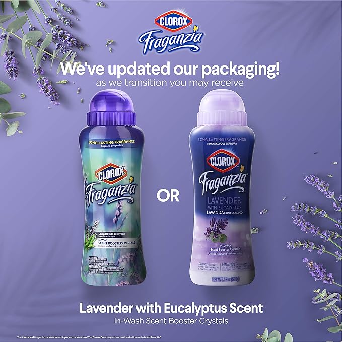 Clorox Fraganzia Laundry Scent Booster Crystals, In-Wash Fragrance Beads for Fresh-Smelling Clothes & Linens, Safe for All Fabrics & Colors, Lavender with Eucalyptus, 36 Oz - 6 Pack