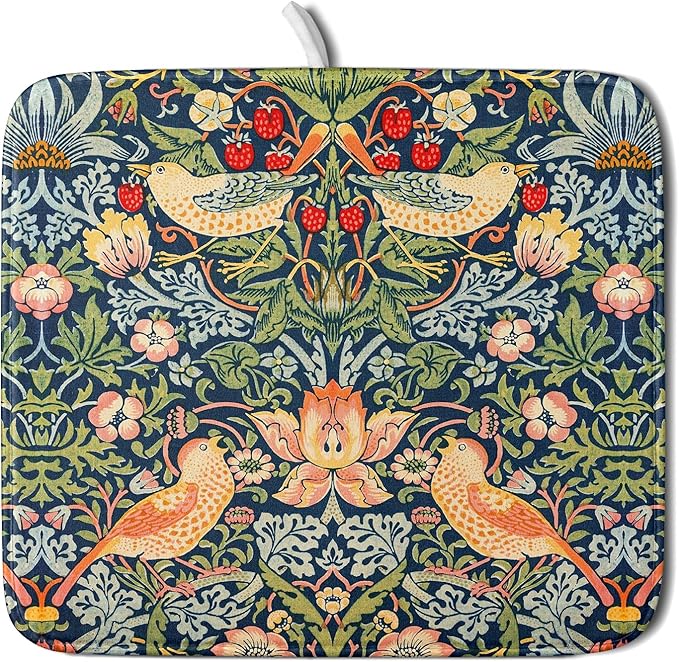 Navy Blue Sage Green Chinoiserie Dish Drying Pad 16 x 18 Inch With Absorbent Reversible Microfiber Vintage Strawberry Floral Bird Drying Mats Dish Drainer Mat Fast Dry For Kitchen