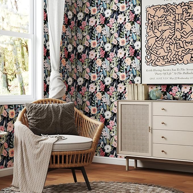 Timeet Vintage Floral Peel and Stick Wallpaper Boho Floral Contact Paper 17.3" x 400" Flower Wallpaper Peel and Stick Self Adhesive Removable Wall Paper for Cabinets Bedroom Wall Decor