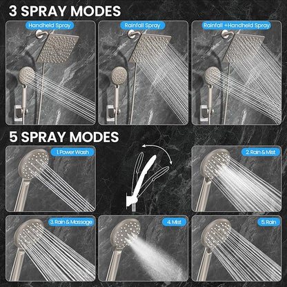 Veken High Pressure Rain Shower Head with Multi-Functions, Square Rainfall Shower Heads with 5-Mode Handheld Spray Combo, Detachable Hand Held Showerhead with Hose, Double Regaderas Para,Starlight