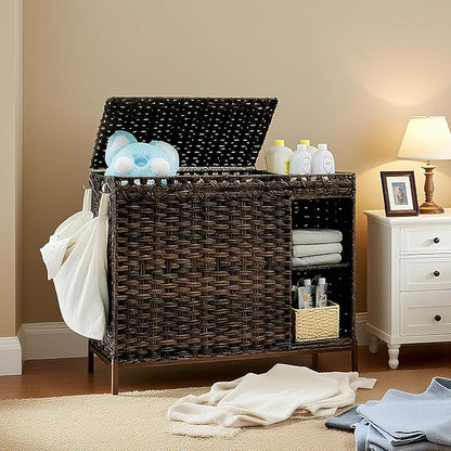 Laundry Hamper with Lid, 130L(34.4 Gal) Rattan Laundry Hamper 3 Section with 50L (13.2 Gal) Storage Shelf, Wicker Woven Laundry Sorter Basket with 4 Liner Bags and Handles, Brown GLH003BR