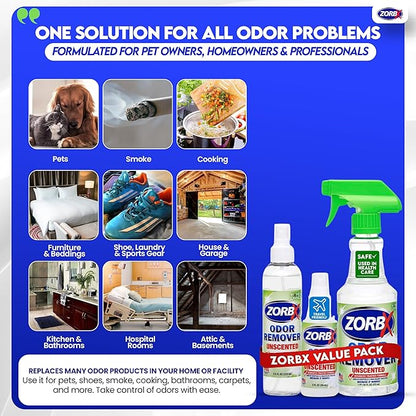 ZORBX Unscented Odor Eliminator for Strong Odor 3 items Bundle: 16 Oz + 7.5 Oz + 2 Oz - Used in Hospitals & Healthcare Facilities - Fast-Acting Odor Remover Spray for Dog, Cat, House & Carpet