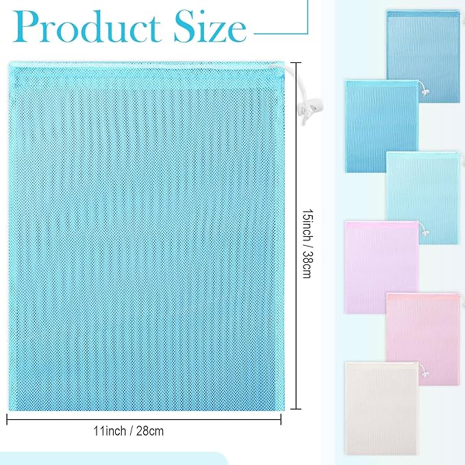 Frienda 6 Pieces Mesh Stuff Sack, 11 x 15 Inch Durable Nylon Drawstring Laundry Bag for Rinsing Beach Toys, Seashell Collecting, Mesh Bags for Travel(Macaron Color)