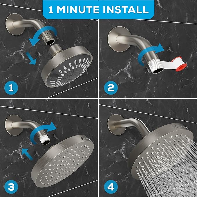 SparkPod Shower Head - High Pressure Rain - Premium Quality Luxury Design - Easy Clean Adjustable Replacement for Your Bathroom Shower Heads (Elegant Brushed Nickel, 6 Inch Round)