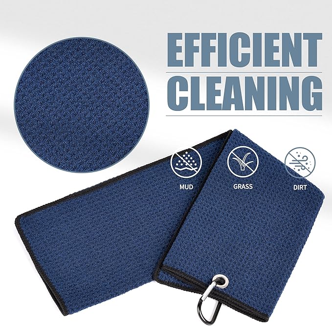Mile High Life Tri-fold Golf Towel | 16" X 24" | Premium Microfiber Fabric | Waffle Pattern | with Heavy Duty Carabiner Clip | for Men and Women (2 Pack Navy)