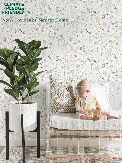 Dimoon 236"x16.1" Floral Peel and Stick Wallpaper Beige Contact Paper Thicken Wallpaper Delicate Flower Waterproof Green Leaf White Self Adhesive Removable Wall Paper Shelf Liner Decal Vinyl Roll