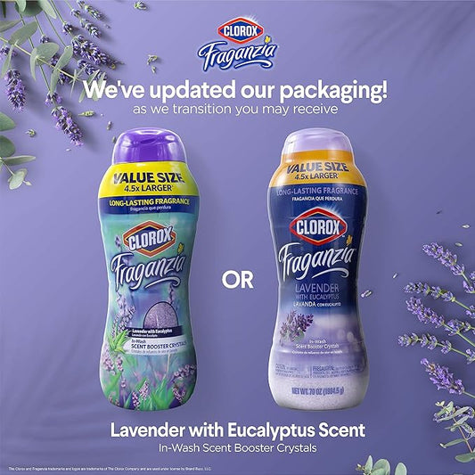 Clorox Fraganzia Laundry Scent Booster Crystals, In-Wash Fragrance Beads for Fresh-Smelling Clothes & Linens, Safe for All Fabrics & Colors, Easy-Pour Bottle, Lavender with Eucalyptus, 70 Oz - 6 Pack