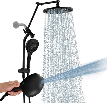 BRIGHT SHOWERS Rain Shower Head with Handheld Spray, High Pressure Dual Shower Head, Adjustable Extension Arm & Slide Bar, 9 Spray Modes Built-in Power Wash, 3-Way Diverter, 69" Hose, Matte Black