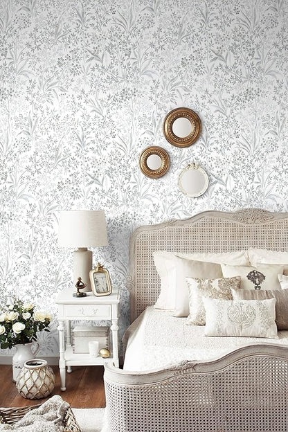 Heroad Grey Peel and Stick Wallpaper Boho Floral Contact Paper Leaf Wall Paper Removable Self Adhesive Wallpaper Stick on Walls for Cabinet Drawer Liner Waterproof Vinyl Roll 15.5''x236''