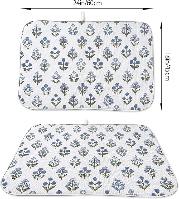 Block Print Dish Drying Mat 18x24 Inches For Kitchen Counter Boho Blue Flower Kitchen Decoration Drying Mat Modern Decorative Floral Drying Pad Mat for Home Kitchen Decor,Dining Room,Office