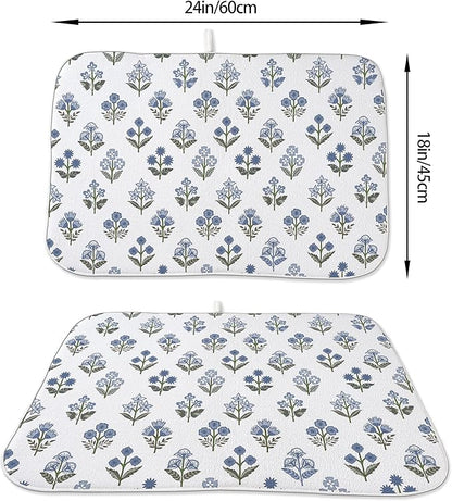 Block Print Dish Drying Mat 18x24 Inches For Kitchen Counter Boho Blue Flower Kitchen Decoration Drying Mat Modern Decorative Floral Drying Pad Mat for Home Kitchen Decor,Dining Room,Office