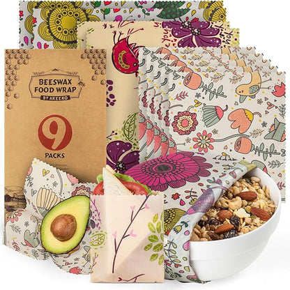 Akeeko Reusable Beeswax Food Wraps - Assorted 9 Packs, Reusable, Plastic-Free Food Storage, 5 Small, 2 Medium, 1 Large, 1 Extra Large Wraps with Plants and Boho Birds Pattern