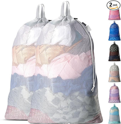Handy Laundry Mesh Laundry Bags 24 x 36 Inches, 2-Pack - Extra Large Heavy Duty Bag with Handles & Shoulder Strap, Breathable, Machine Washable for Dorm, Travel, Bedding & Storage - White
