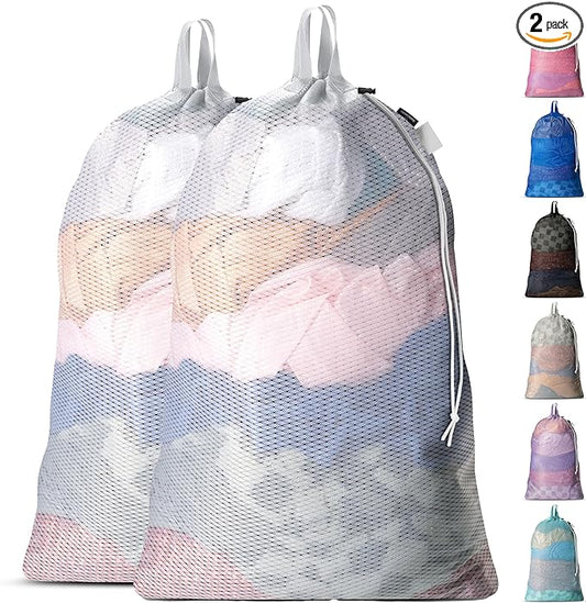 Handy Laundry Mesh Laundry Bags 24 x 36 Inches, 2-Pack - Extra Large Heavy Duty Bag with Handles & Shoulder Strap, Breathable, Machine Washable for Dorm, Travel, Bedding & Storage - White