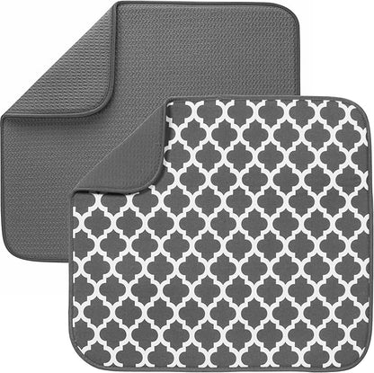 S&T INC. Dish Drying Mat 2 Pack, 16” x 18”, Absorbent Microfiber Kitchen Counter Mat, Dish Drying Pad for Dishes, Utensils, Pots and Pans, Large, Grey and Grey Trellis