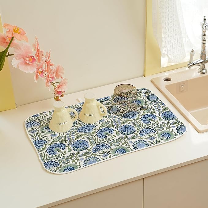 Blue Sage Green Floral Dish Drying Mats 18x24 Inch Sage Green Block Print Flower Holiday Kitchen Decor Absorbent Drying Pad Rack Drainer Mats for Kitchen Dining Room Counter