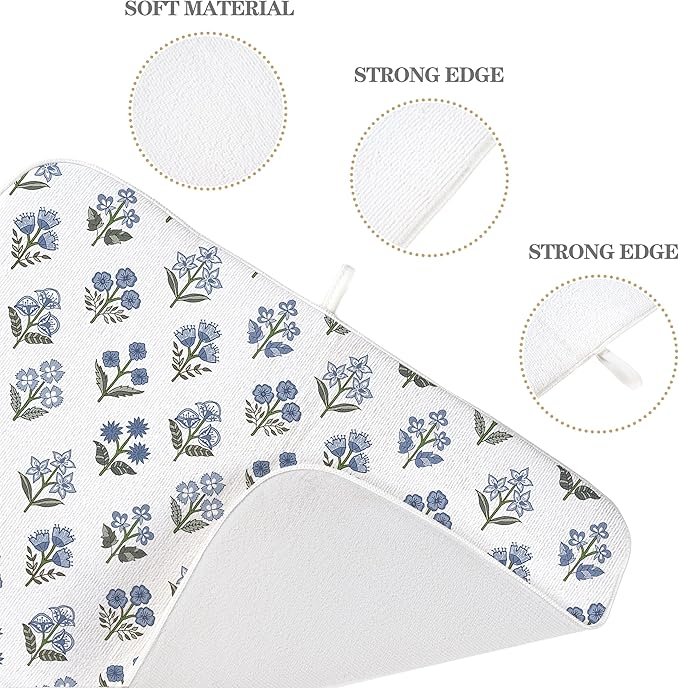 Block Print Dish Drying Mat 18x24 Inches For Kitchen Counter Boho Blue Flower Kitchen Decoration Drying Mat Modern Decorative Floral Drying Pad Mat for Home Kitchen Decor,Dining Room,Office