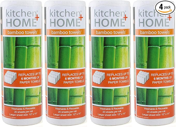 Kitchen + Home Paper Towel Alternative – Heavy Duty Washable Reusable Rayon Towels Made From Bamboo - One roll replaces 6 months of towels! 4 Pack