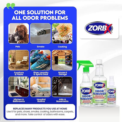 ZORBX Unscented Multipurpose Odor Eliminator 3 items Bundle: 2 Oz + 16 Oz + 32 Oz - Used in Hospitals & Healthcare Facilities - Advanced Trusted Formula - Perfect Bundle to Get Rid of Unpleasant Odors