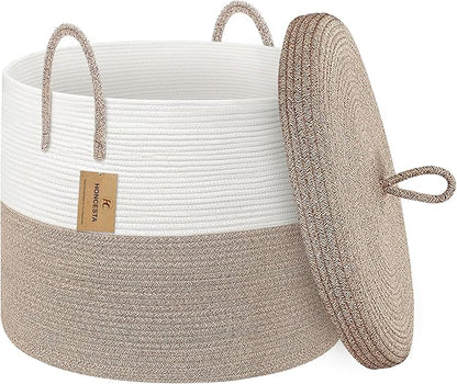 18" X18“ X 14" Large Storage Basket with Lid, Blanket Basket Living Room, Woven Cotton Rope Storage Box, Lidded Kids Dog Toy Bin, Wicker Laundry Basket, Blankets Pillows Organizer Holder