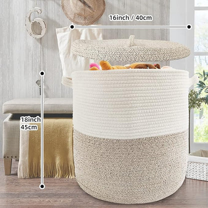 Large Storage Basket with Lid 60L, 16"Wx18"H Woven Laundry Hamper Basket with Handle, Room Decor Cotton Rope Wicker Basket Toy Organizer Bins for Clothes Blankets Pillows, Beige/White Mix includes Lid