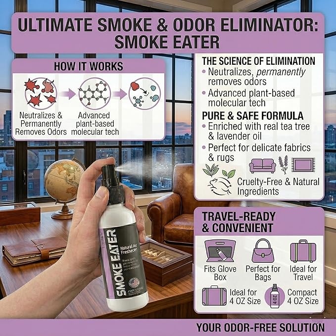 Smoke Eater Odor Eliminator Spray, Lavender, 4 oz — Tea Tree Oil Breaks Down Smoke at the Molecular Level