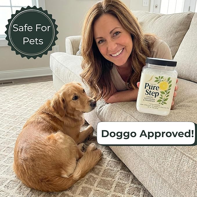 Carpet Deodorizer Powder with Organic Lemon Scent - Pet Safe 32oz Carpet Freshener, & Pet Odor Eliminator For Rugs, Upholstery, Mattresses - Non-Clumping Formula with Easy Pour Shaker Lid - USA Made