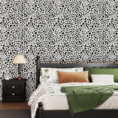 Vinjiasin Black and White Dalmatian Peel and Stick Wallpaper – Modern Spot Print Removable Wallpaper for Bedroom, Nursery, Bathroom & Accent Walls, Self Adhesive Waterproof Wall Decor,17"x120"