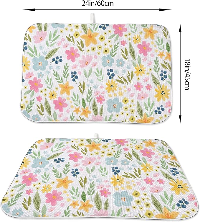 Spring Dish Drying Mat 18x24 Inches For Kitchen Counter Absorbent Pink Yellow Floral Kitchen Decoration Summer Colorful Flower Drying Mat Pad For Home Kitchen,Dining Room,Office Decor