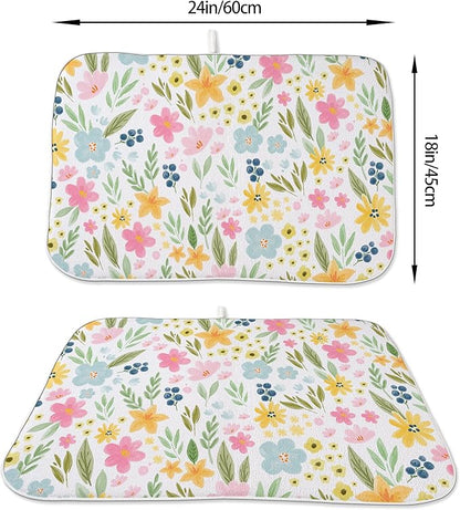 Spring Dish Drying Mat 18x24 Inches For Kitchen Counter Absorbent Pink Yellow Floral Kitchen Decoration Summer Colorful Flower Drying Mat Pad For Home Kitchen,Dining Room,Office Decor