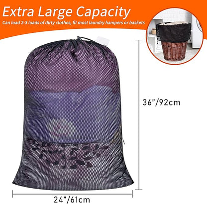 Polecasa Extra Heavy Duty Large Diamond Mesh Laundry Bags with Drawstring Closure & ID Tag, 2 Pack 24 x 36 inches Washable Storage Bag for College, Travel, Sports, Dorms, Black