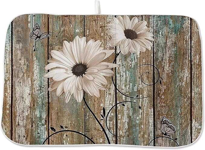 Floral Dish Drying Mat 18x24 Inches For Kitchen Counter Brown Daisy Flower Kitchen Decoration Drying Mat Decorative Floral Drying Pad for Kitchen Dining Room Decor